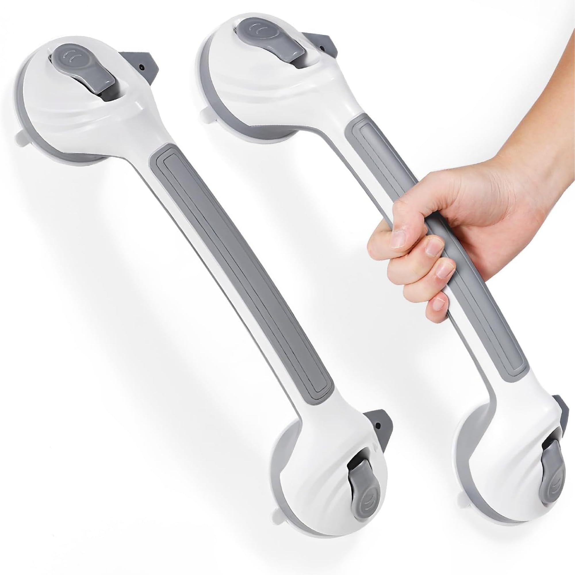Lot de 2 barres d'appui pour douche, poignée à ventouse robuste de 42 cm, double verrouillage, sans perçage, support antidérapant pour baignoire et douche, amovibles