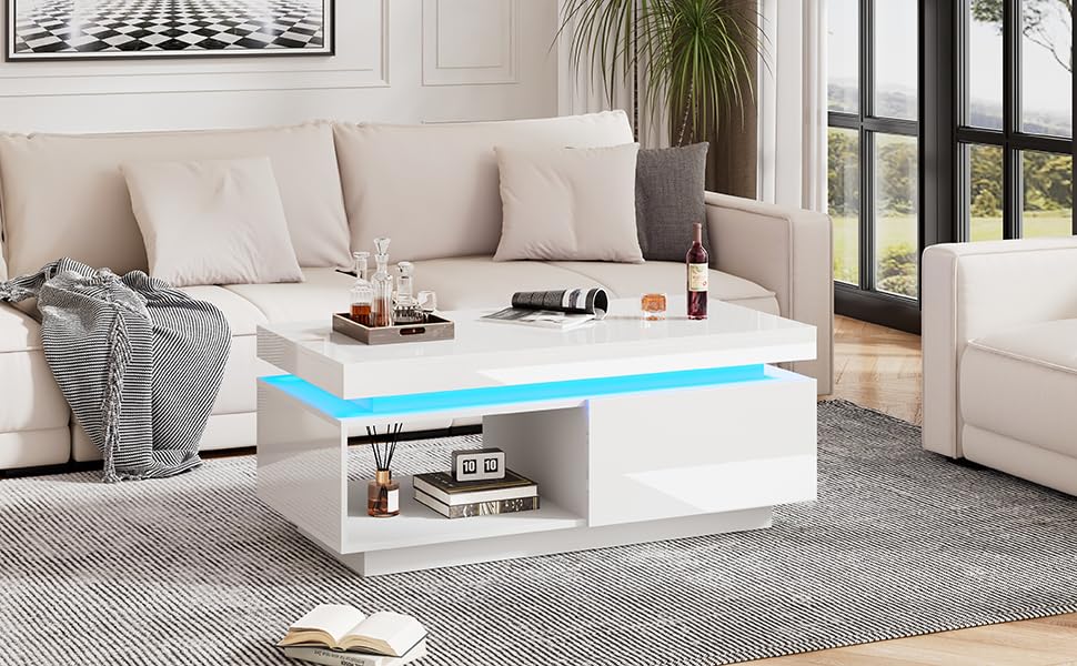 Mesa de centro minimalista alto brillo lacado y luces LED integradas 4
