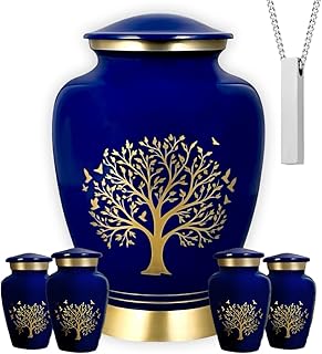 AmericUrn Blue Tree of Life Cremation Urns for Human Ashes – Adult Female and Male Memorial Set of 6 with 1 Large Urn, 4 Keepsake Urns & 1 Necklace Urn