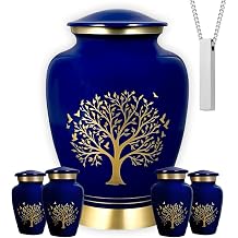 AmericUrn Blue Tree of Life Cremation Urns for Human Ashes Adult Female and Male Memorial Set of 6 with 1 Large Urn, 4 Keepsake Urns & 1 Necklace Urn