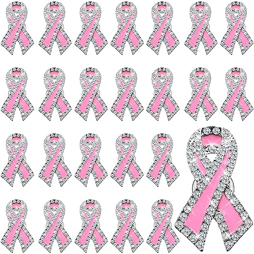 24 Pcs Pink Breast Cancer Pins Ribbon Cancer Awareness Angel Brooch Pin with Rhinestone Design Awareness Accessories Charity Public Social Event Badge for Survivor Gifts