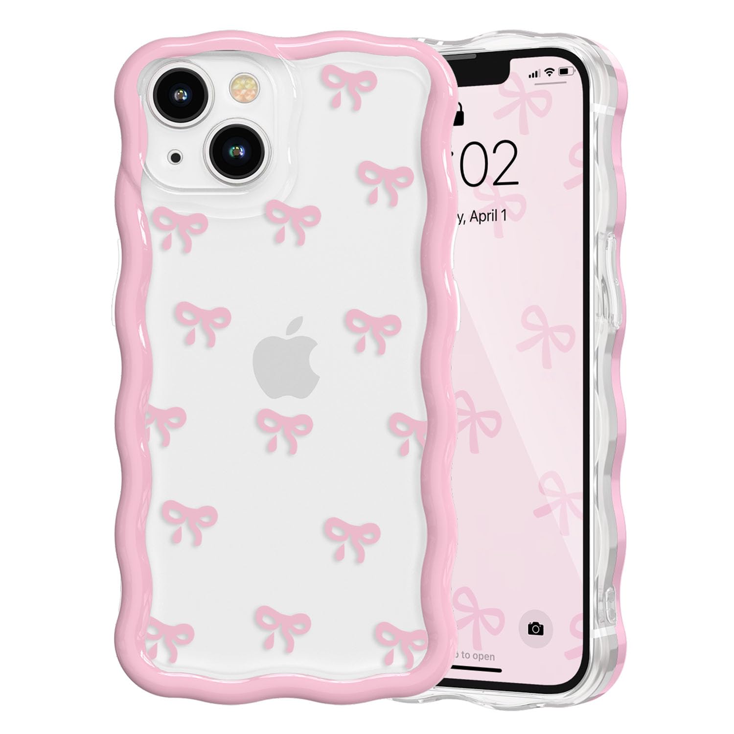 QLTYPRI for iPhone 14 Pink Bow Case, Clear Cute Pink Ribbon Bow Phone Case Curly Wavy Aesthetic Phone Cover, Soft Slim Transparent TPU Shockproof