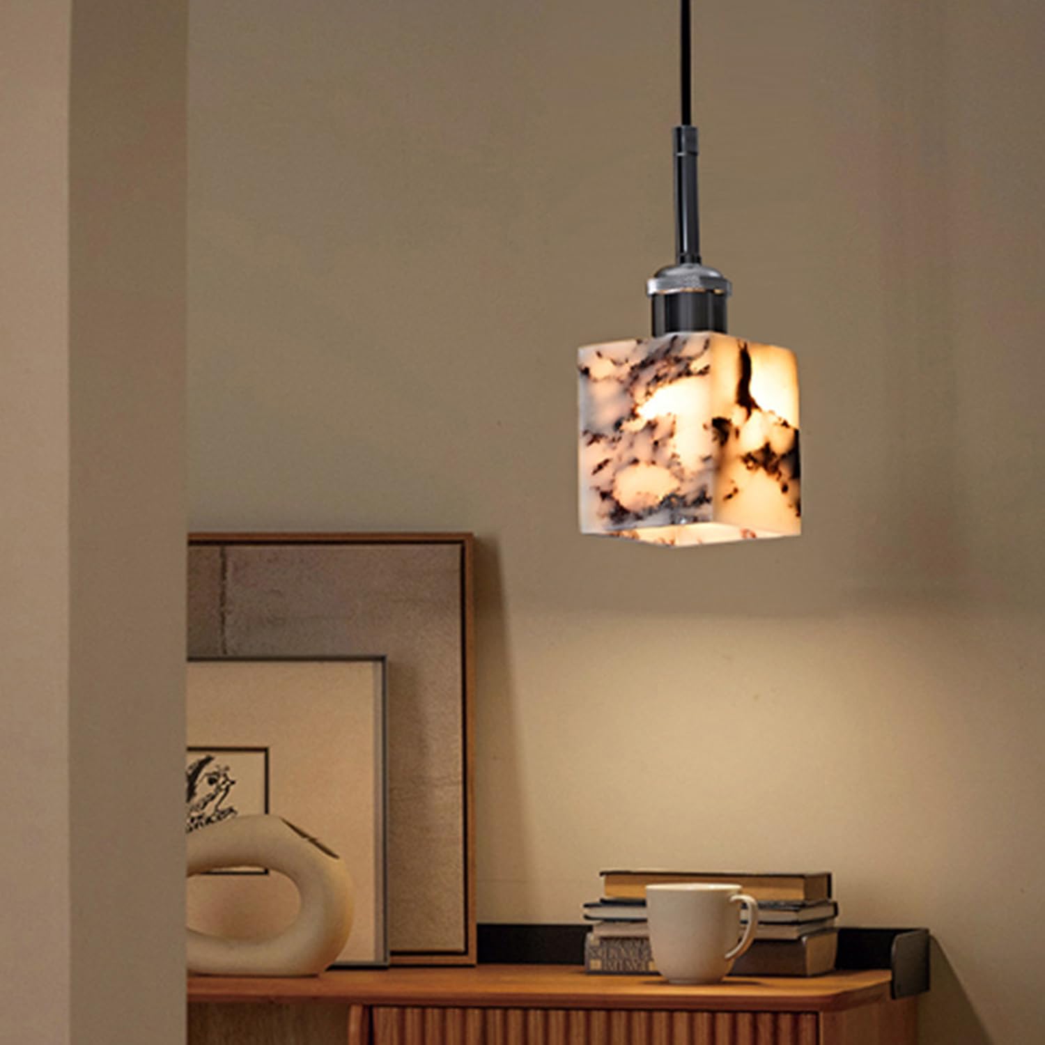 Lampa Wisząca Z Naturalnego Marmuru Kwadratowy Żyrandol Sufitowy 3,9 Cala Unikalna Tekstura Kamienia Ręcznie Polerowana Podstawa E27 Wiatr Wabi-Sabi W Stylu Hiszpańskim Do Korytarza,