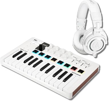 Arturia MiniLab 3 Compact MIDI Keyboard and Pad Controller with M50X White Closed-back Studio Monitoring Headphones