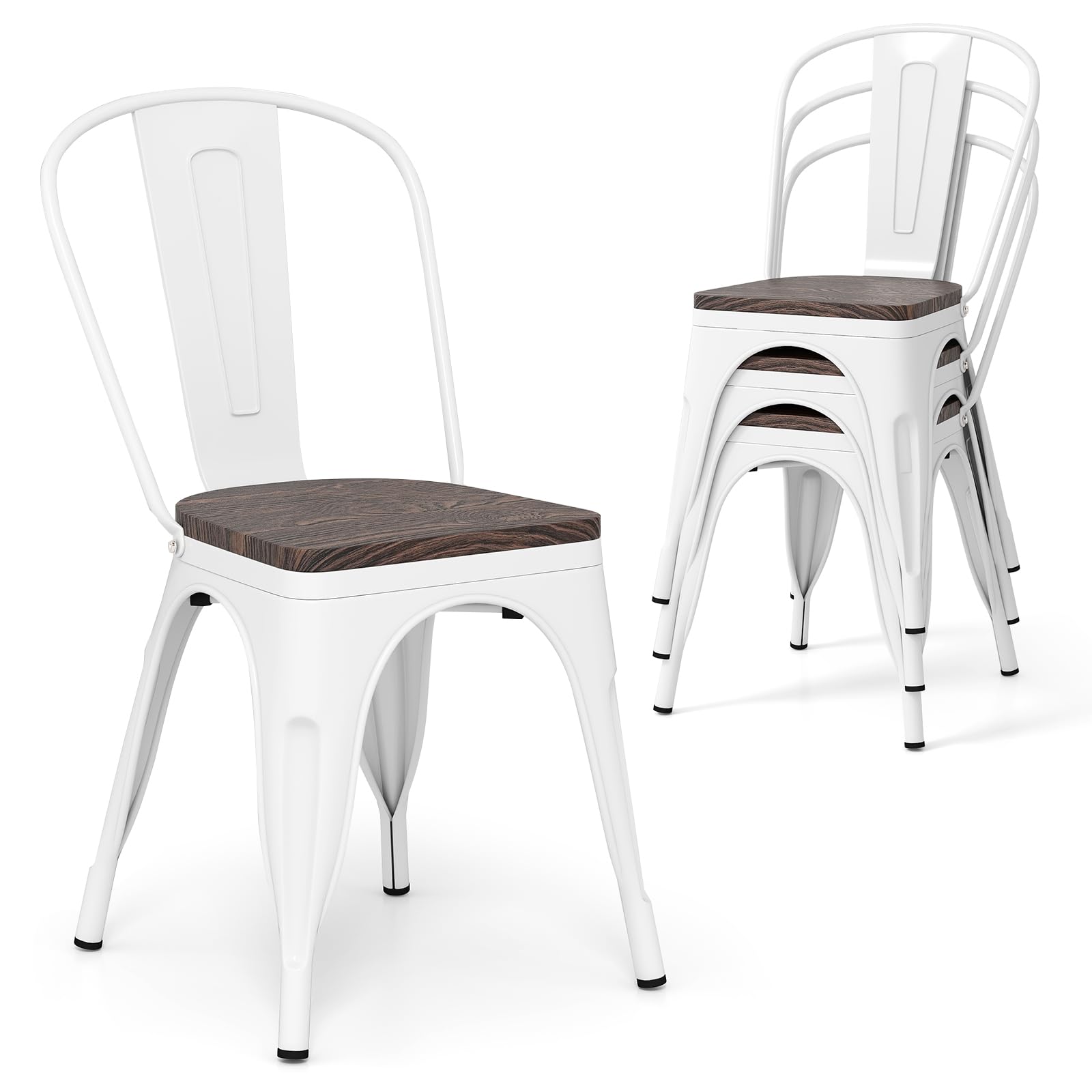 COSTWAY Set of 4 Stackable Dining Chairs, Metal Stacking Side Chairs with Elm Wood/Hollowed Iron Seat & Backrest, Industrial Tolix Chair for Kitchen Dining Room Bar Bistro (Elm Wood Seat, White)