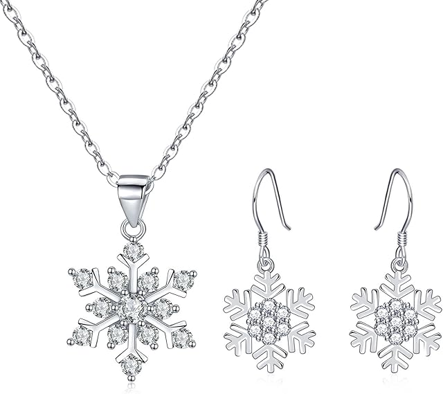 SAKUNALA 925 Sterling Silver Christmas Jewellery Set for Women, Silver Snowflake Jewellery Set for Girls, Sparkly Cubic Zirconia Snowflake Dangle Earrings & Pendant Necklace Xmas Jewellery Gifts