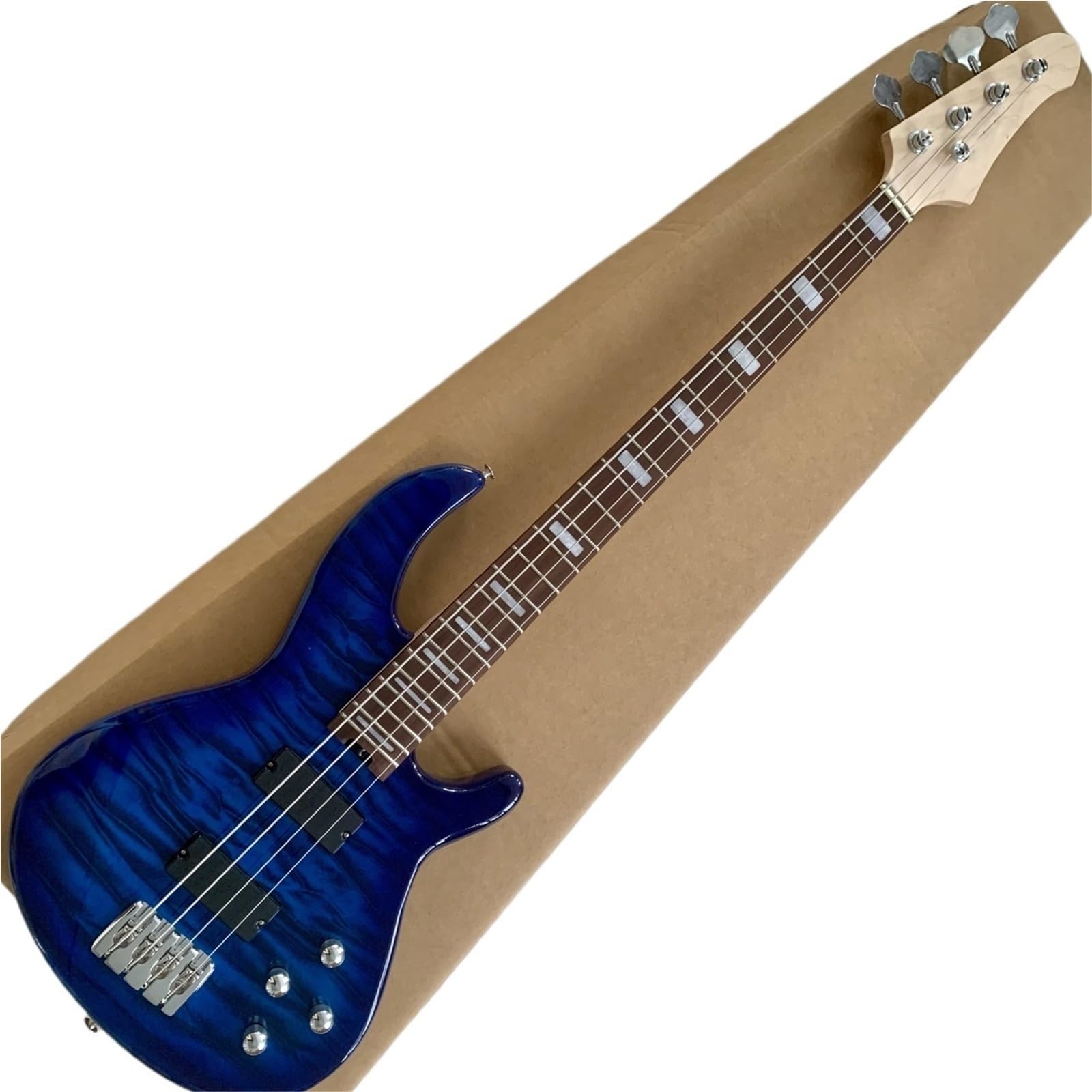 E-Gitarren-Starter-Set, 4-saitig, Massivholz, E-Bass mit transparentem, blauem Wasserwellen-Ahornhals