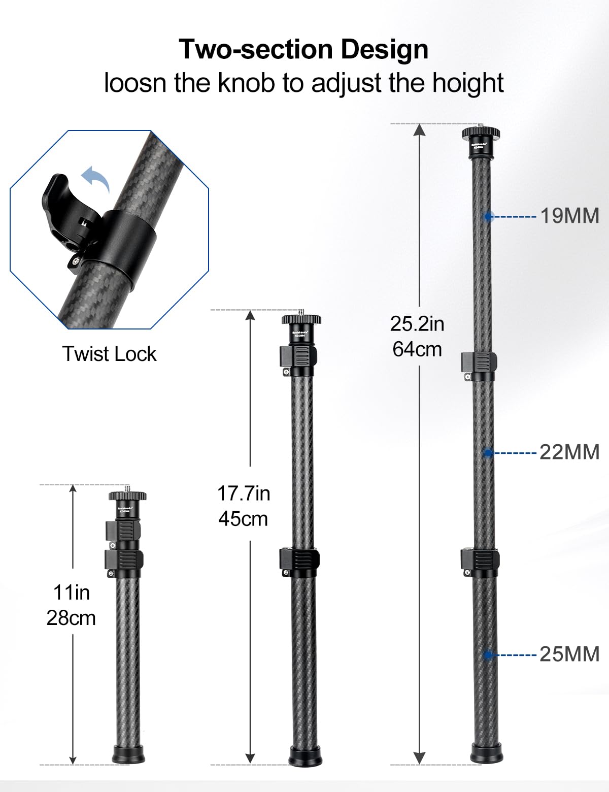 Koolehaoda Stativ Verlängerungsstange aus Kohlefaser, 3-Teilige Mittelsäule Verlängerung-Teleskopstange mit 1/4"- bis 3/8"-Schraube kompatibel mit Kameras/Stativen/Kugelköpfen/Gimbals