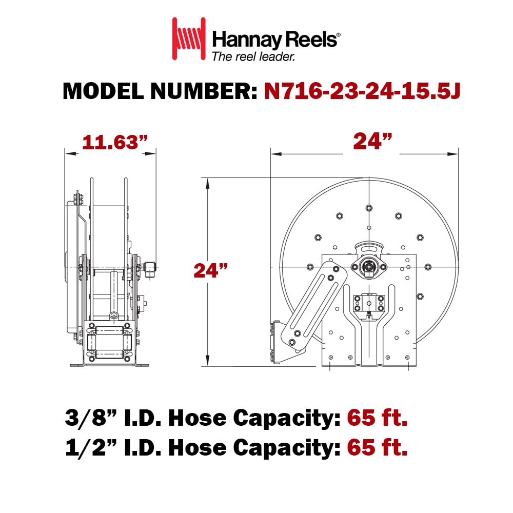 Hannay Reels N716-23-24-15.5J Series N700 Spring Retractable Air, Water or Oil Hose Reel, 1/2