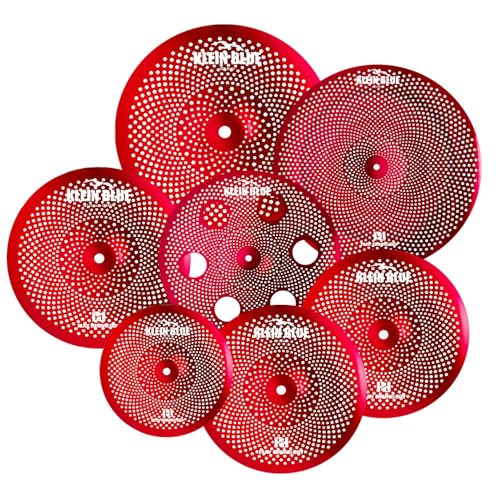 PLADRUBO 7-Piece Low-Volume Silent Cymbal Set – Red. Includes 10″ Splash, pair of 14″ Hi-Hats, 16″ Crash, 16″ Trash Crash, 18″ China, and 20″ Ride. Noise practice and studio use-Factory Direct.