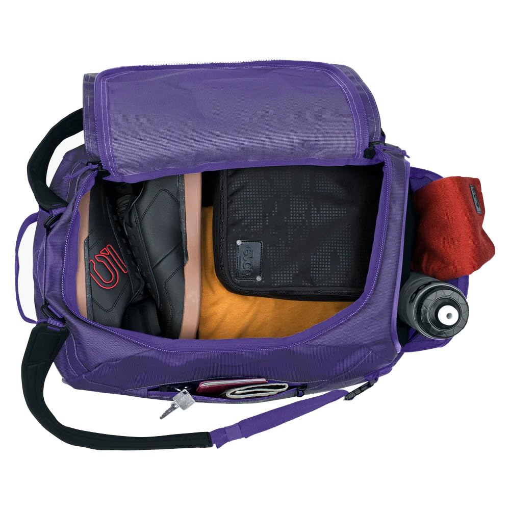EVOC DUFFLE BAG 40 Wodoodporna torba podróżna i na sprzęt (torba podróżna z odpinanym paskiem do noszenia, uniwersalnym zastosowaniem i zamkiem, bez PVC, rozmiar S), fioletowo-czarna