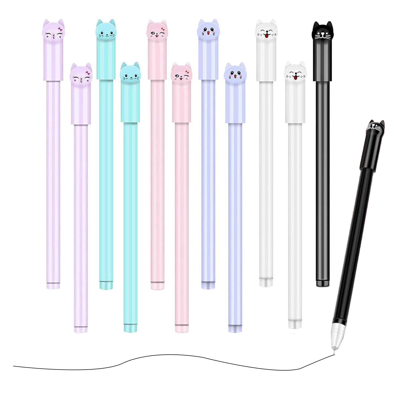 SWoob 12pcs Kawaii Cat Pens Black Cute Gel Pen Ink Stationery Writing Pen Set for Office Supplie School Student Stationary 0.5mm