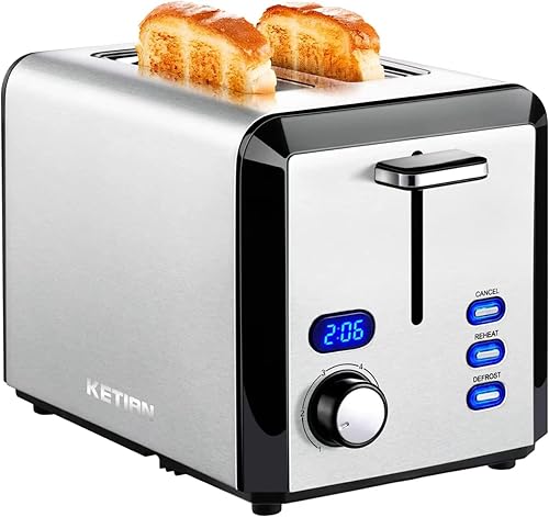 Tostadora de 2 rebanadas, tostadora de acero inoxidable de ranura ancha con 6 niveles de tostado, recalentar y descongelar, para bagel, tostadas,