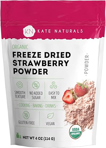 Kate Naturals Polvo de fresa liofilizado orgánico para hornear y bebidas. Sabor natural de fresa para pasteles, glaseado y batidos (4 onzas, sin