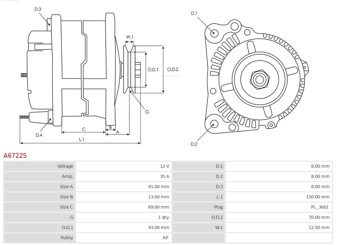 AS-PL Alternador A6722S 35A con polea Compatible con SUZUKI SJ 410 SUV Cabrio OS, TOYOTA HILUX IV Pick-up N5, N6