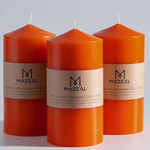 MOZEAL Juego de 3 velas de pilar naranja sin perfume vertidas a mano de 3 x 6 pulgadas, sin goteo, combustión de larga duración, aproximadamente 100