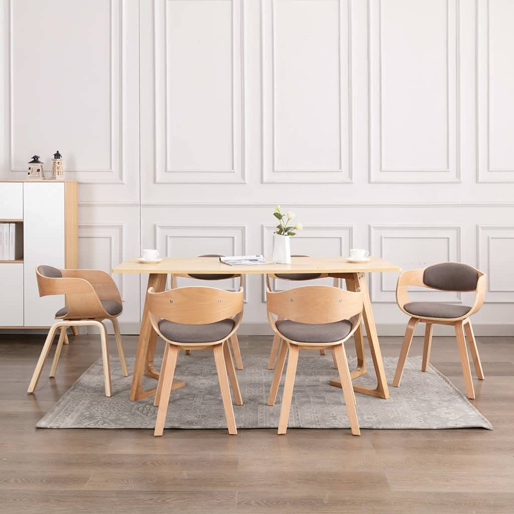 Krzesło do jadalni 6-częściowy zestaw z drewna łukowego z obiciem w kolorze taupe, wyściełane, ergonomiczne, nowoczesne, skandynawskie, z podłokietnikami, obrotowe, stabilne, do jadalni
