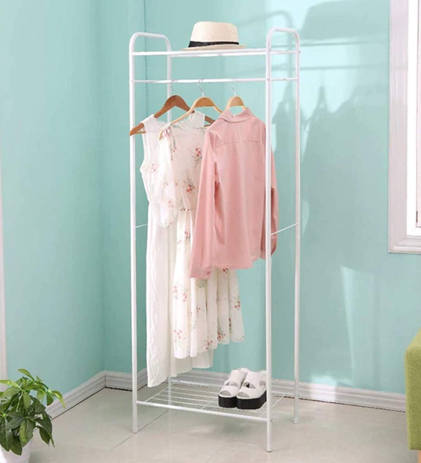 Lukzer Garment Stand with Top and Bottom Shelves Coat Hanging Rack Free Standing Storage Organizer Clothes Display Rack for Showrooms Closet Organizer (White / 163 x 60 x 35 cm)