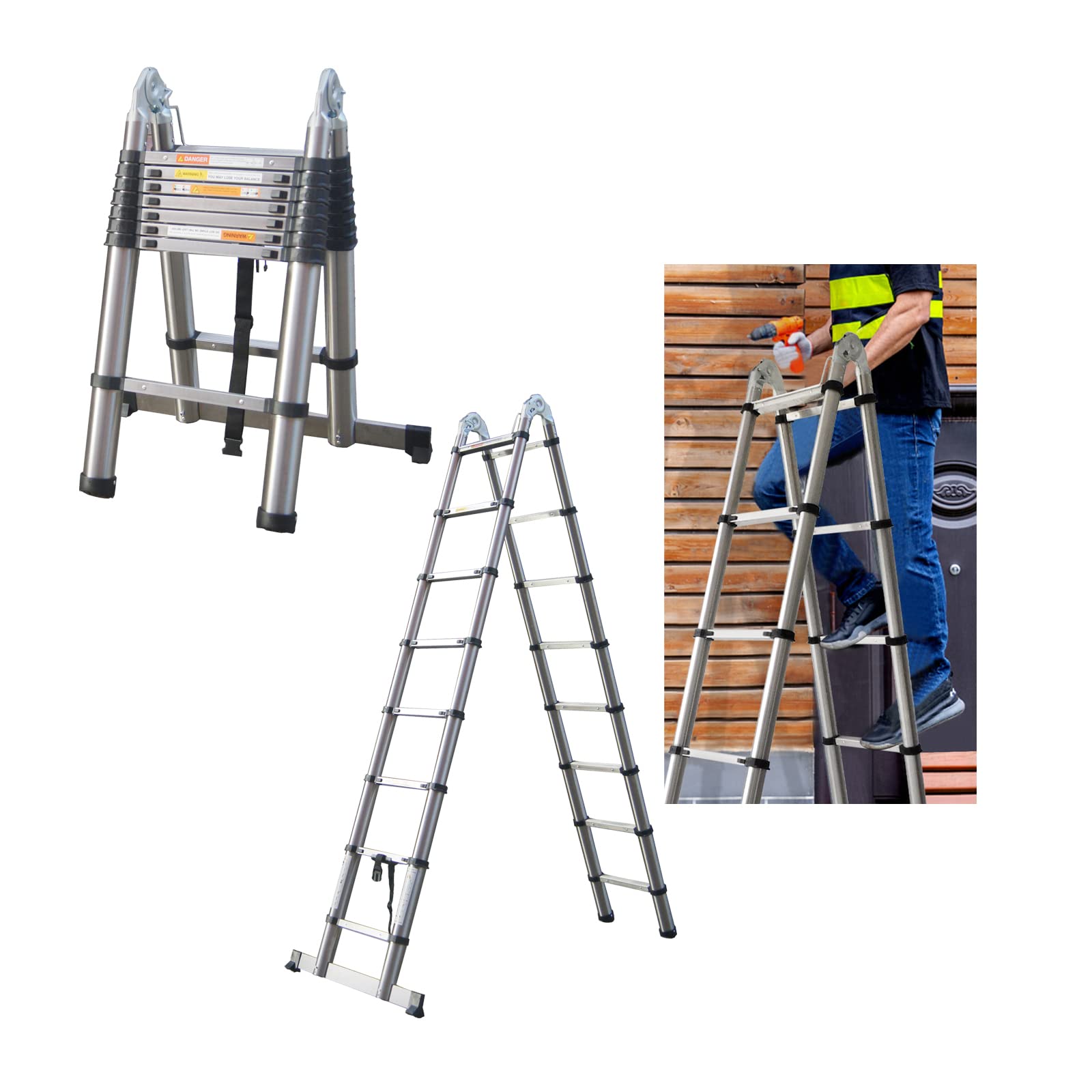 Escalera telescópica extensible de 5m (2,5+2,5), escalera de acero inoxidable con marco en A, escalera plegable para autocaravana/desván/oficina/almacén, escalera multiusos fácil de transportar
