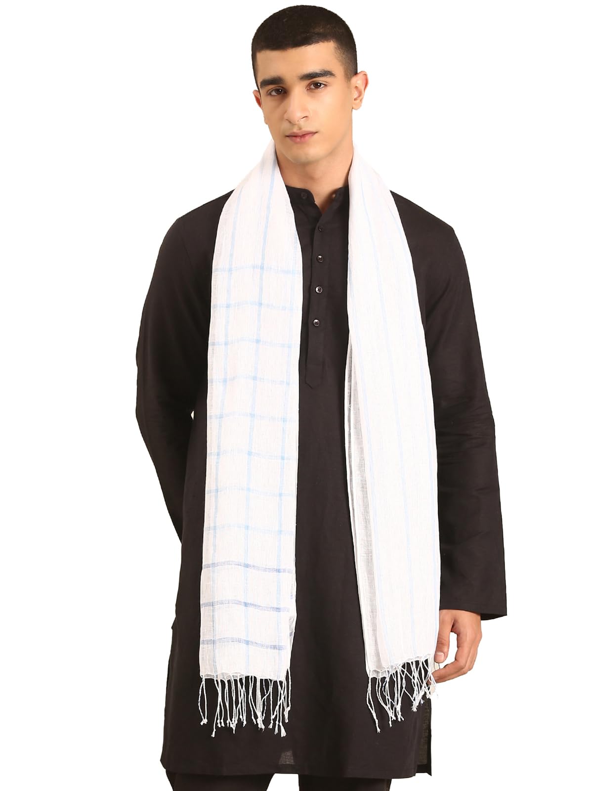 linen club Unisex Linen Stole Checkered White (Size:Free Size)-picture-31