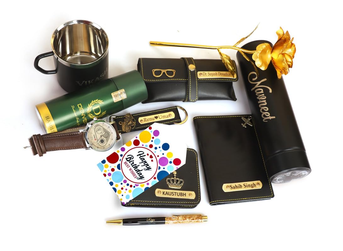 Customized Mens Gift Hamper Set with Water Bottle, Passport Cover, Pen, Men Wallet, Sunglasses Cover, Keychain, Men Deodorant, Golden Rose with Coffee Mug and Mens Watch (Black)-image-21