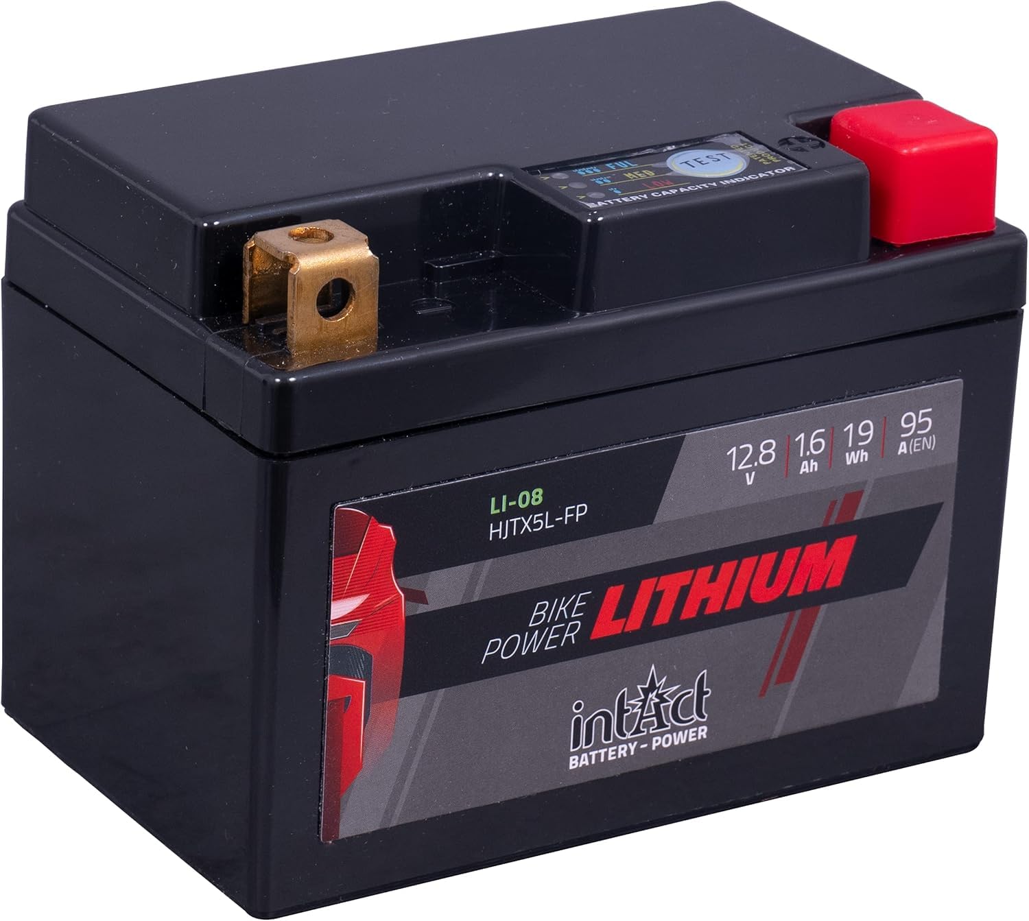 intAct - BATTERIE MOTOCYCLE LITHIUM | Batterie pour scooter, moto etc. Jusqu'à 75% de gain de poids | Bike-Power LI-08, HJTX5L-FP, batterie 12,8V, 1,6 AH (c10), 19 Wh, 95 A (CCA) | Dim: 113x70x85mm
