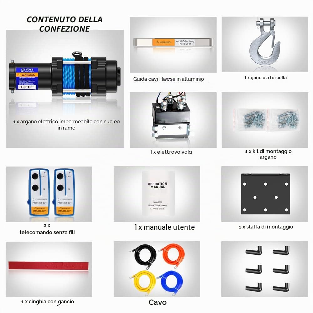 Anbull Verricello Elettrico 12V 4500 LBS / 2045 Kg, Cavo Sintetico 5.5mm*15m, IP67 Impermeabile, Corda di Nylon, Telecomando senza fili 20 metri