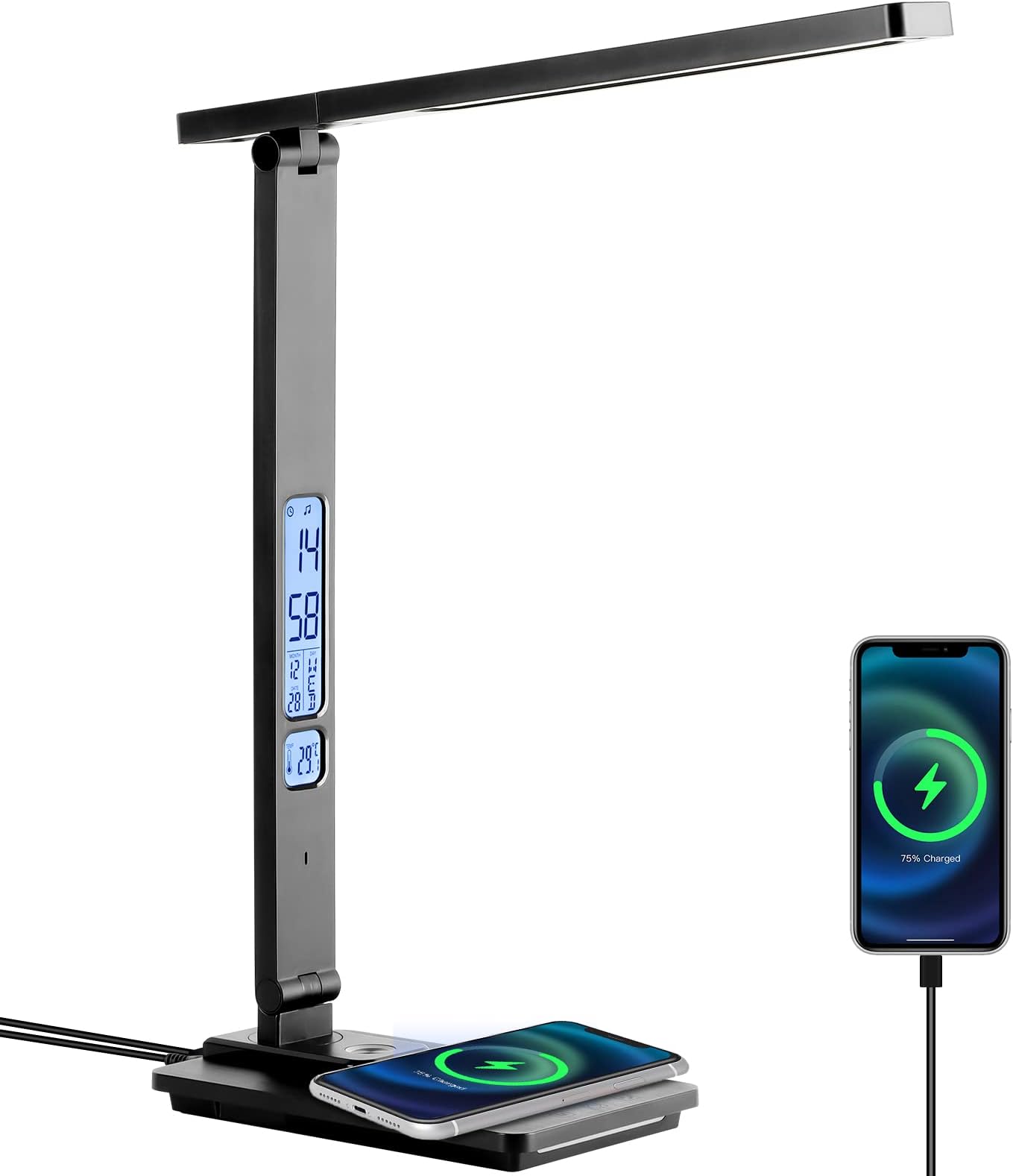 Dott ArtsLED Desk Lamp with Wireless Charger, Touch Control Study Lamp with USB Charging Port, Table Lamp with Clock, Alarm, Date, Temperature, Office Desk Lamps for Home Office, Black