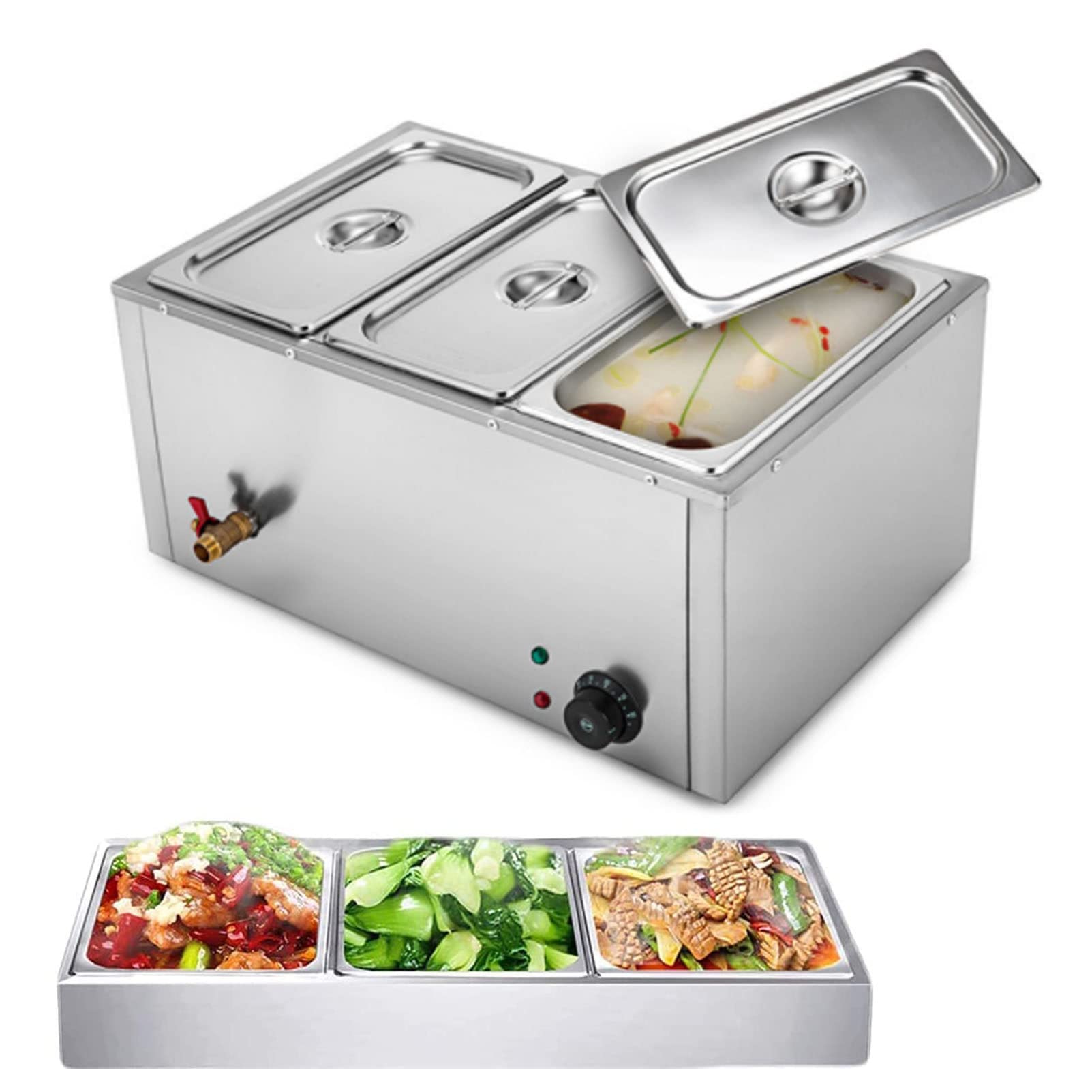 Scaldavivande Elettrico, scaldavivande da Tavolo a Vapore con 3 teglie, scaldavivande elettrici da banco Commerciali Alimenti, capacità stoccaggio Buffet in Acciaio Inossidabile Hotel e ristoranti