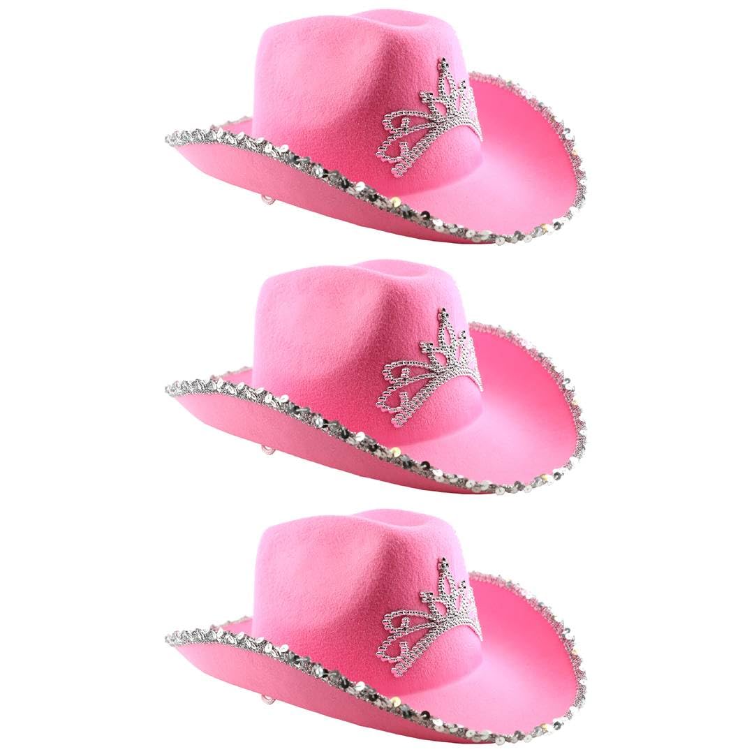 Ladies Pink Cowgirl Hat with Silver Tiara Crown - Sparkly Fancy Dress Accessory for Hen Nights Bachelorette Parties and Western Themed Events - Glamorous Pink Cowboy Hat for Women