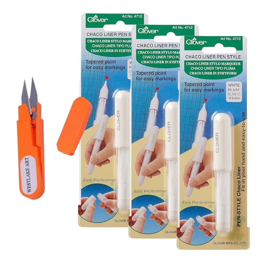 westlake art Clover Chaco Liner Pen White, Precision Fabric Marking Chalk Pens, Bundle Embroidery Scissors, Ideal for Quilting, Sewing Patterns, Versatile White Pencils for Drawing~ [Pack of 3]