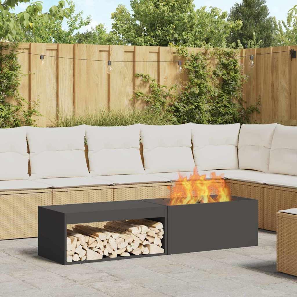 Feuerstelle Schwarz 160 x 45 x 35 cm Stahl wetterfest für Garten Terrasse Außenbereich mit Stauraum und hitzebeständiger Brennkammer für gemütliche Abende im Freien