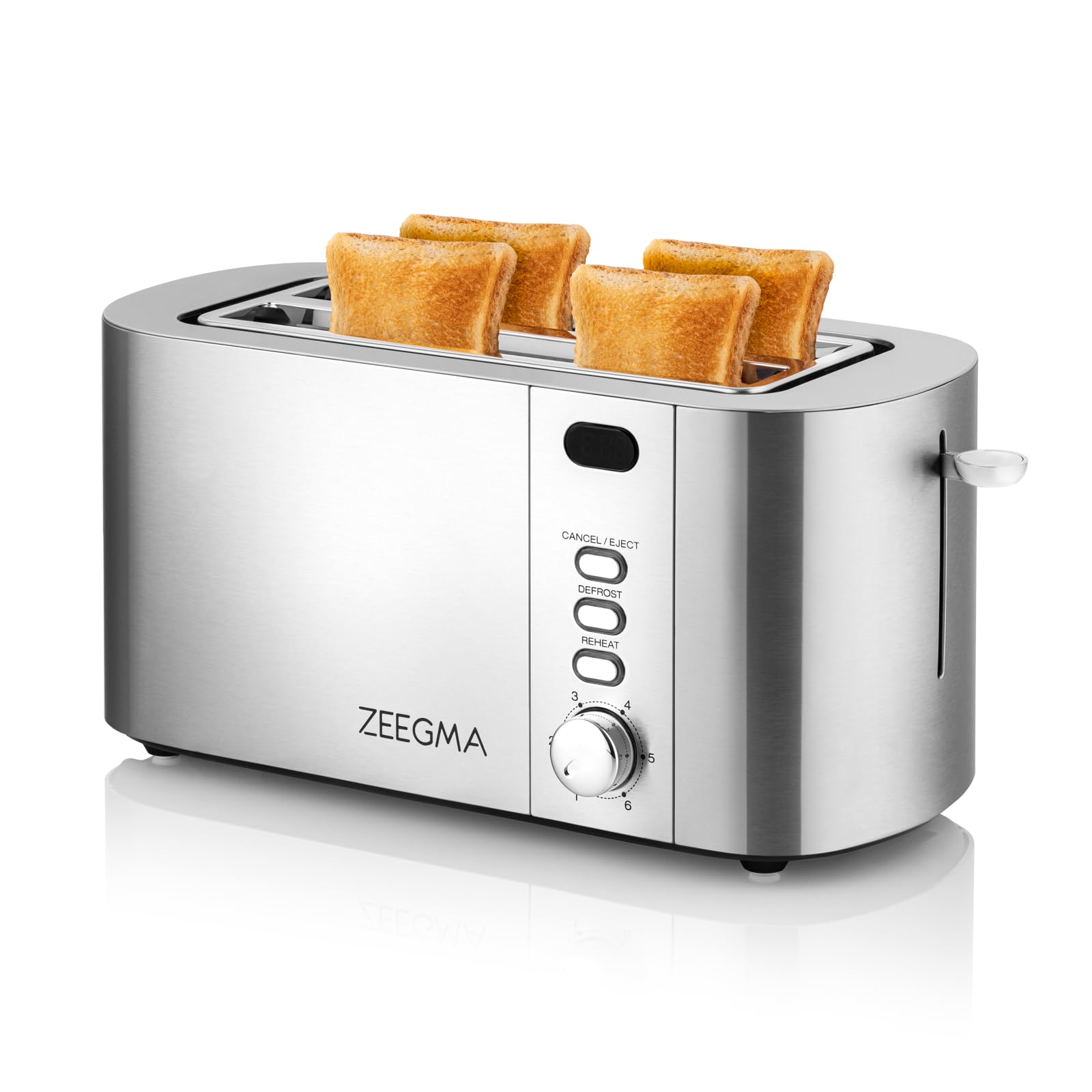 ZEEGMA Tostapane per 4 Fette TOSTEE CHEF Tostapane in Acciaio Inox, Griglia Scaldapanini da 1500W, Scongelamento, Riscaldamento e Arresto, Vassoio Raccogli Briciole, Display a LED con timer, 6 livelli