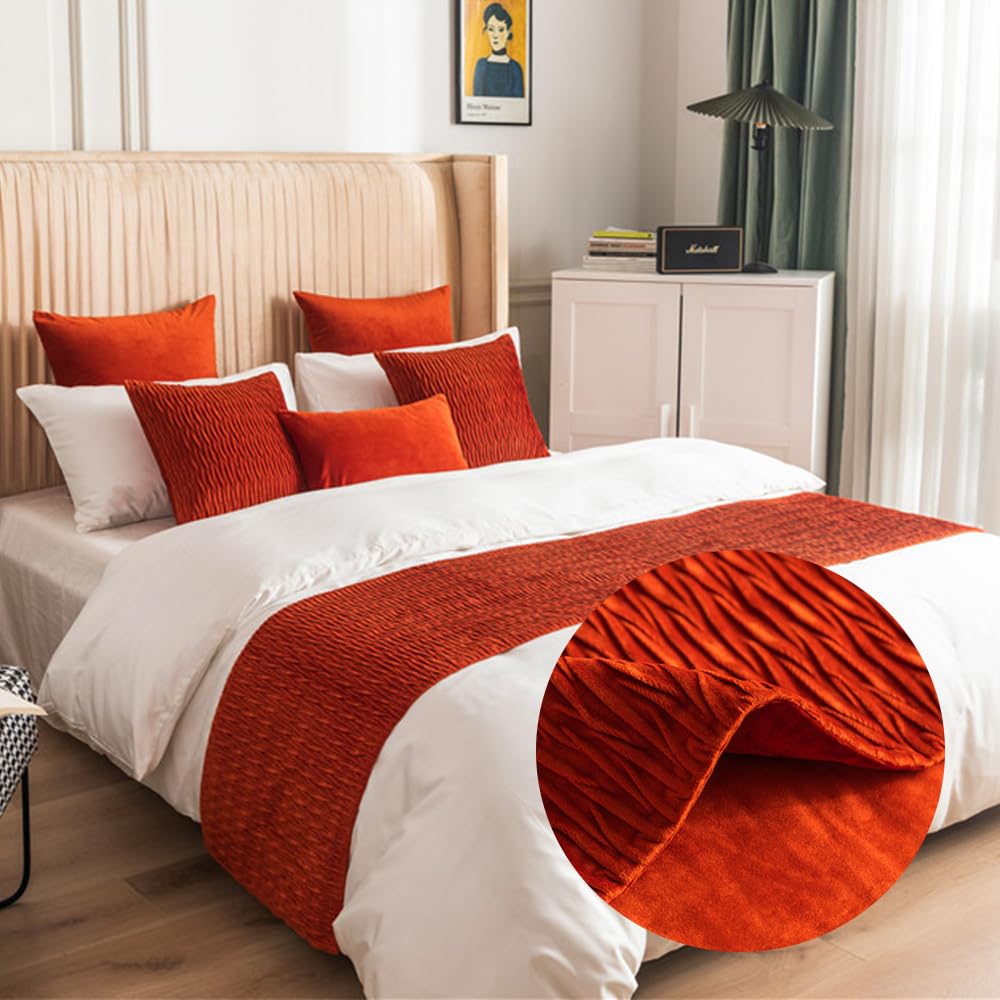 Runner Per Letto Matrimoniale - Sciarpa Plissettata Reversibile Giallo Senape, Decorazione Moderna Per Camera Da Letto - Foto 7