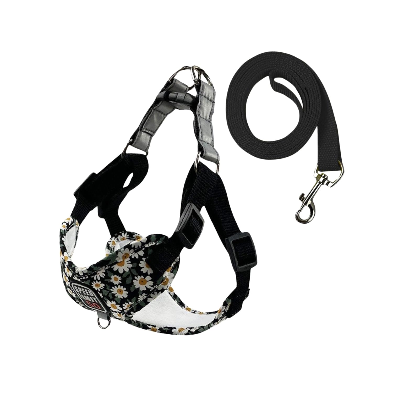 BT Bear Dog Harness and Lead Set,Daisy Flower Adjustable Soft Small Dog Vest Harness,Breathable Pet Harness for Cats Small Dogs Medium Dogs (Black,L)