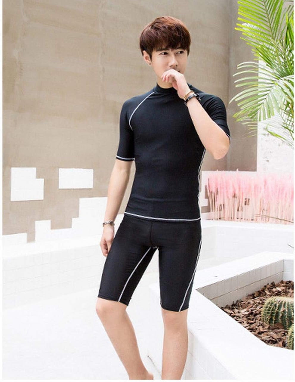 [DreaModes] メンズ 水着 2点セット フィットネスウェア 男性 大人 男の子 フィットネス水着 上下セット 半袖 長袖 運動 スポーツ 練習用 大きいサイズ ショートパンツ かっこいい 海 プール ピーチ リゾート