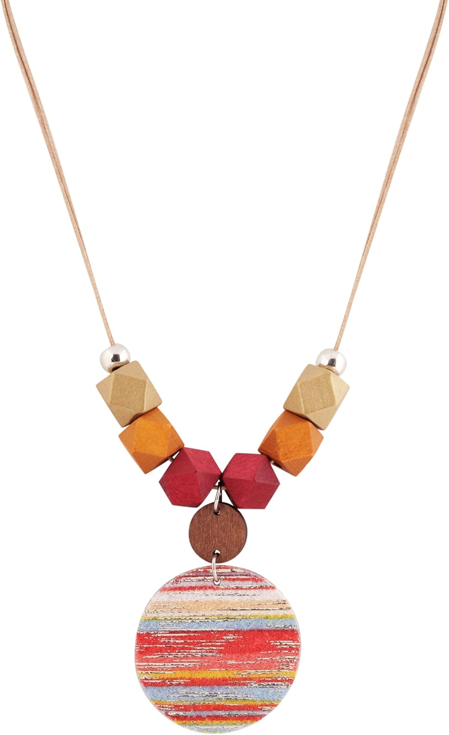 Boho beaded necklace with wooden teardrop pendant handmade ceramic beads