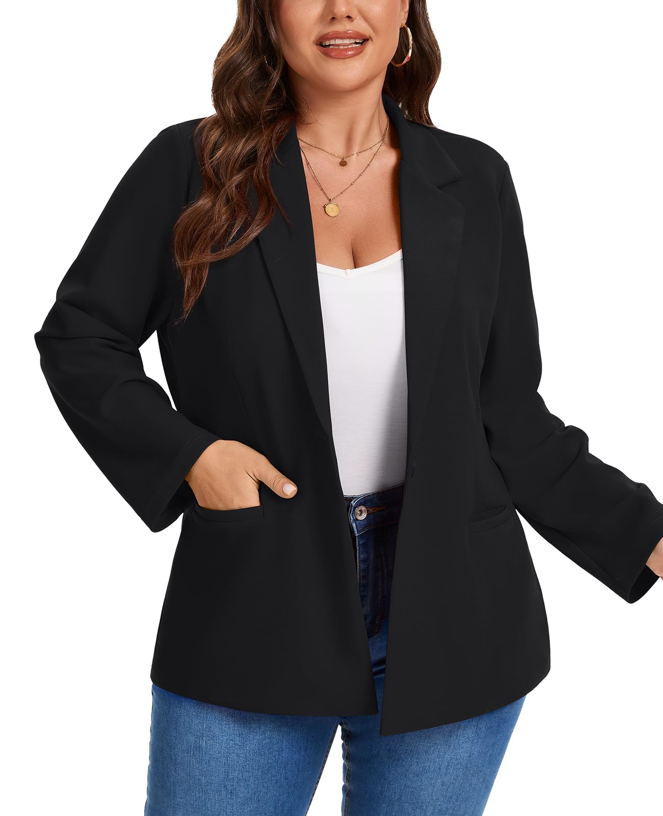 Womens Plus Size Blazer Jacket Business Casual Long Sleeve Button Open Front Notch Lapel Blazers Pocket
