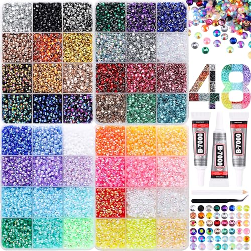 LERBOU 36000Pcs in 48 Colors Rhinestones for Bedazzling and Diamond Art 3mm Flatback Gems with 310ml B7000 Jewelry Glue Tweezers Perfect for Nail Art Crafting Clothing Fabric Decor