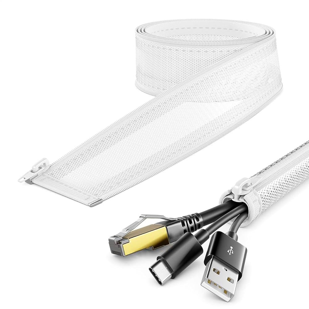 DeleyCON 9.84ft. Cable Conduit With Zip Closure 0.59u2033 Inch Diameter Cable Management Cable Channel Cable Protection Robust Nylon Cable Sheath Home Office Desk White