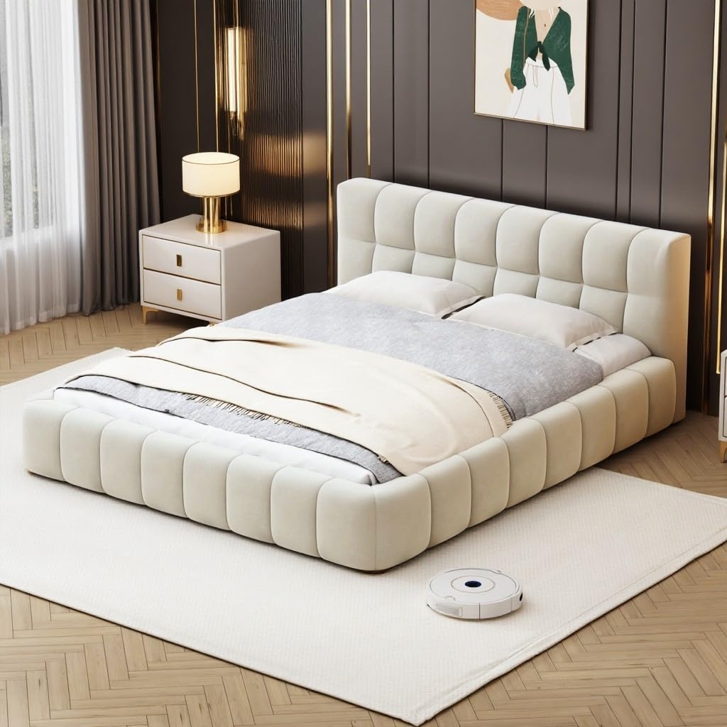 BRILVERDE Letto imbottito Bubble 140x200 cm, letto matrimoniale con rete a doghe, morbida schienale, letto singolo a basso profilo, in lino, colore beige (Beige, 140x200 cm)