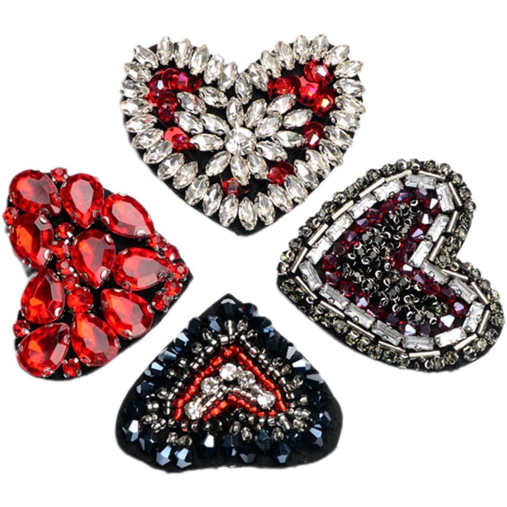 Fituenly Handmade Beaded Crystal Heart Rhinestone Patch, 3d Sequin Sew on Applique for Handbag Shoes, Clothing Embellishment Badge
