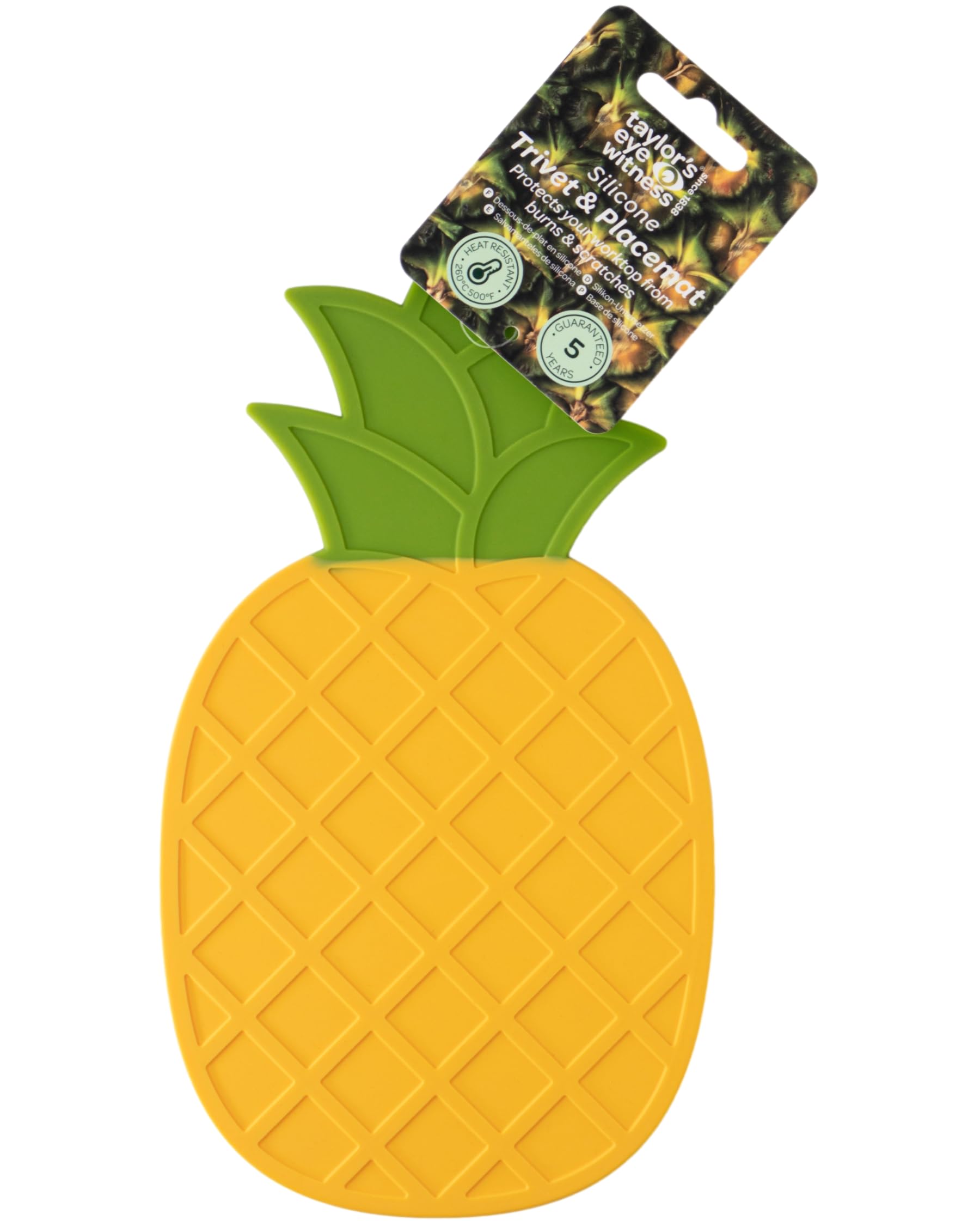Taylors Eye Witness Silicone Trivet – Heat Resistant Up to 260°C/500°F, Non-Slip, Stain & Odour Resistant, Dishwasher Safe, Versatile Hot Pad & Coaster. 5 Yr Guarantee. Yellow & Green Pineapple Design