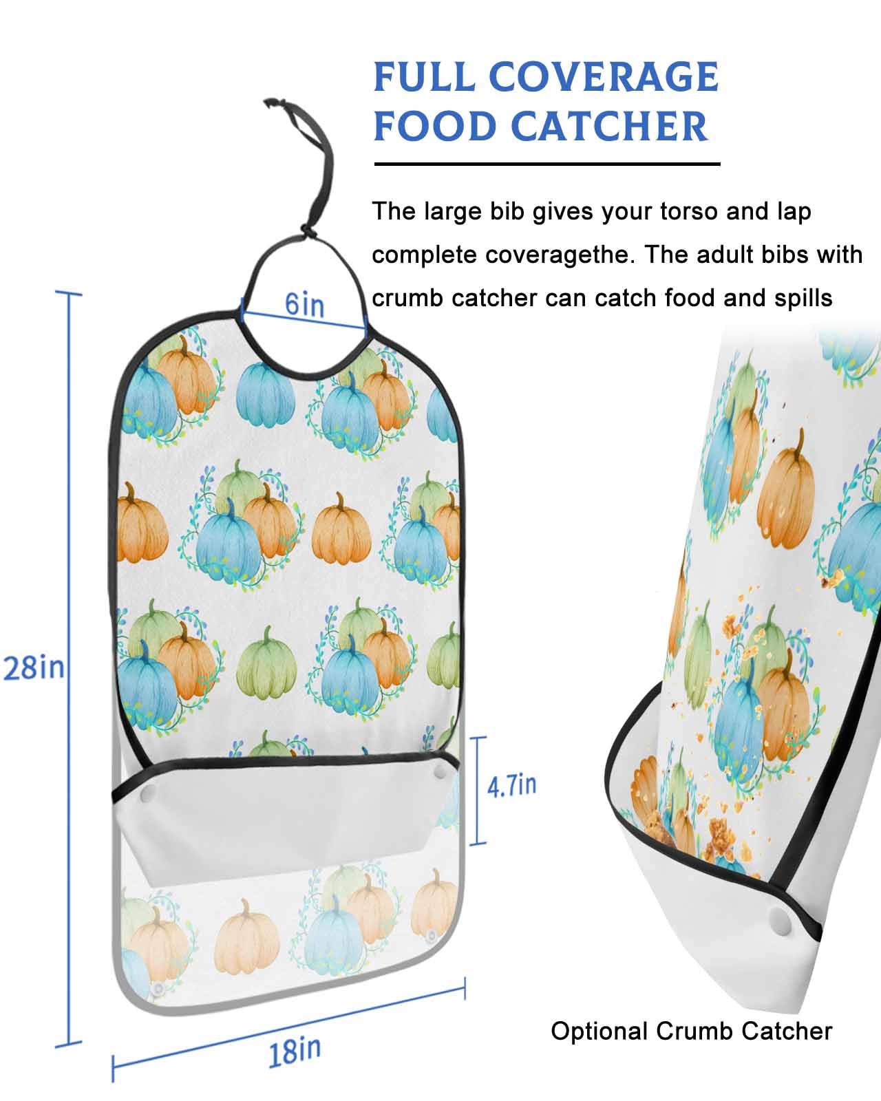 LEOKOTI Fall Pumpkins Adult Bibs for Eating, Waterproof Bibs with Food Catcher & Adjustable Snap Closure, Thanksgiving Blue Green Orange Pumpkins Washable Clothing Protectors Adult Bibs for Elderly