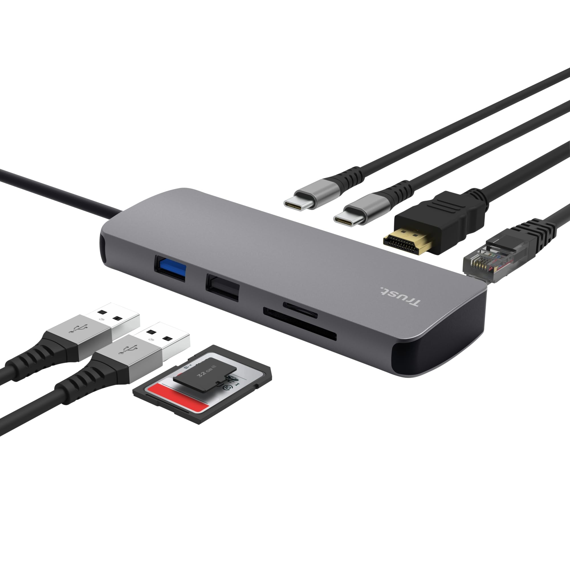 Trust Vylor Hub USB C 8-in-1 Adattatore HDMI 4K@60Hz, Gigabit Ethernet, Lettore di Schede MicroSD/SD, USB-C USB-A, Porta di Ricarica 100W, Docking Station PC Computer Portatili Dell HP MacBook