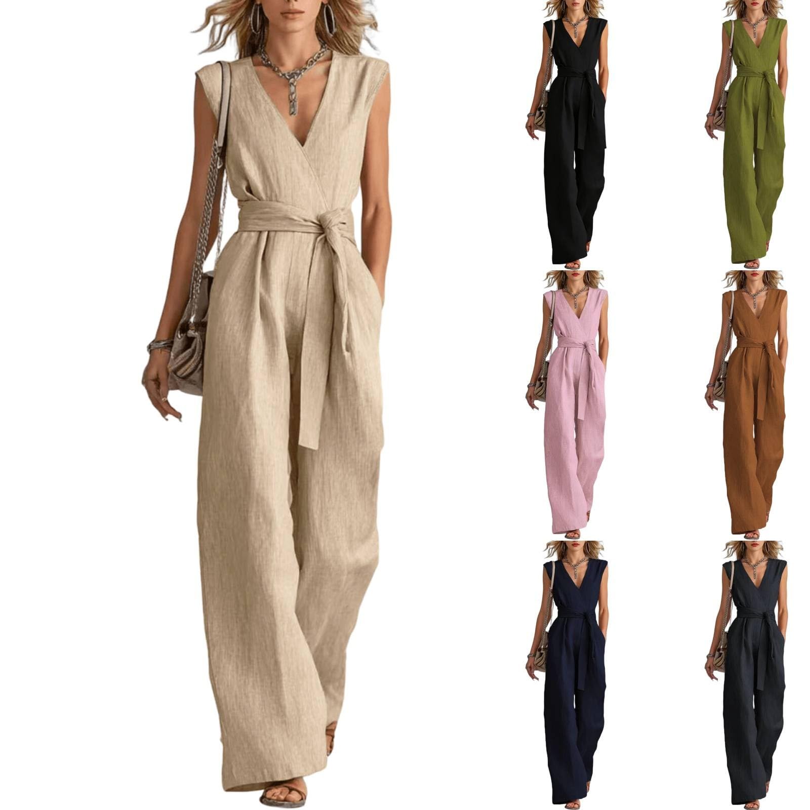Tuta da donna elegante, estiva, senza maniche, scollo a V, con