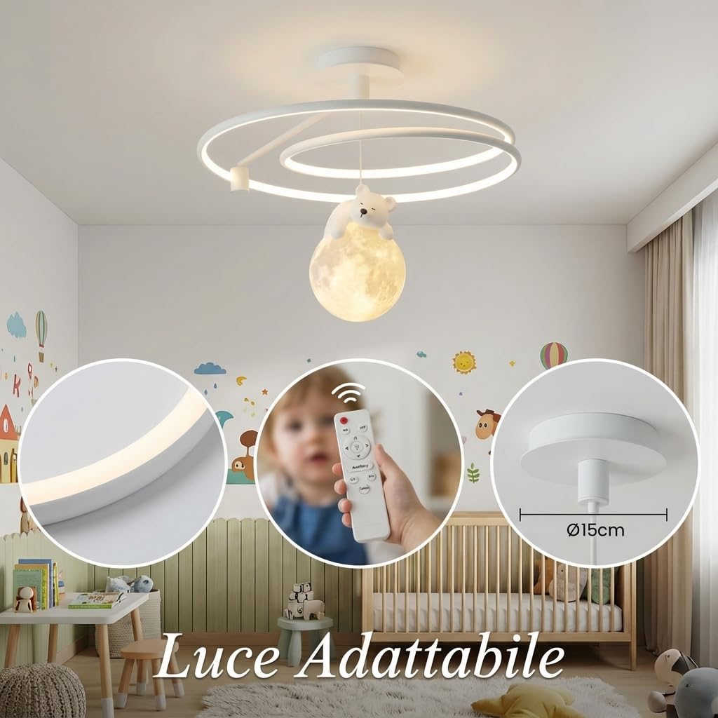 MAKA Lampadario LED Cameretta Bambini 60W Dimmerabile con Telecomando, Orsacchiotto sulla Luna, Luce Calda Naturale Fredda 3000K–4200K–6400K, Bianco, Plafoniera 15 cm, Ø 50 cm (60 Watt)