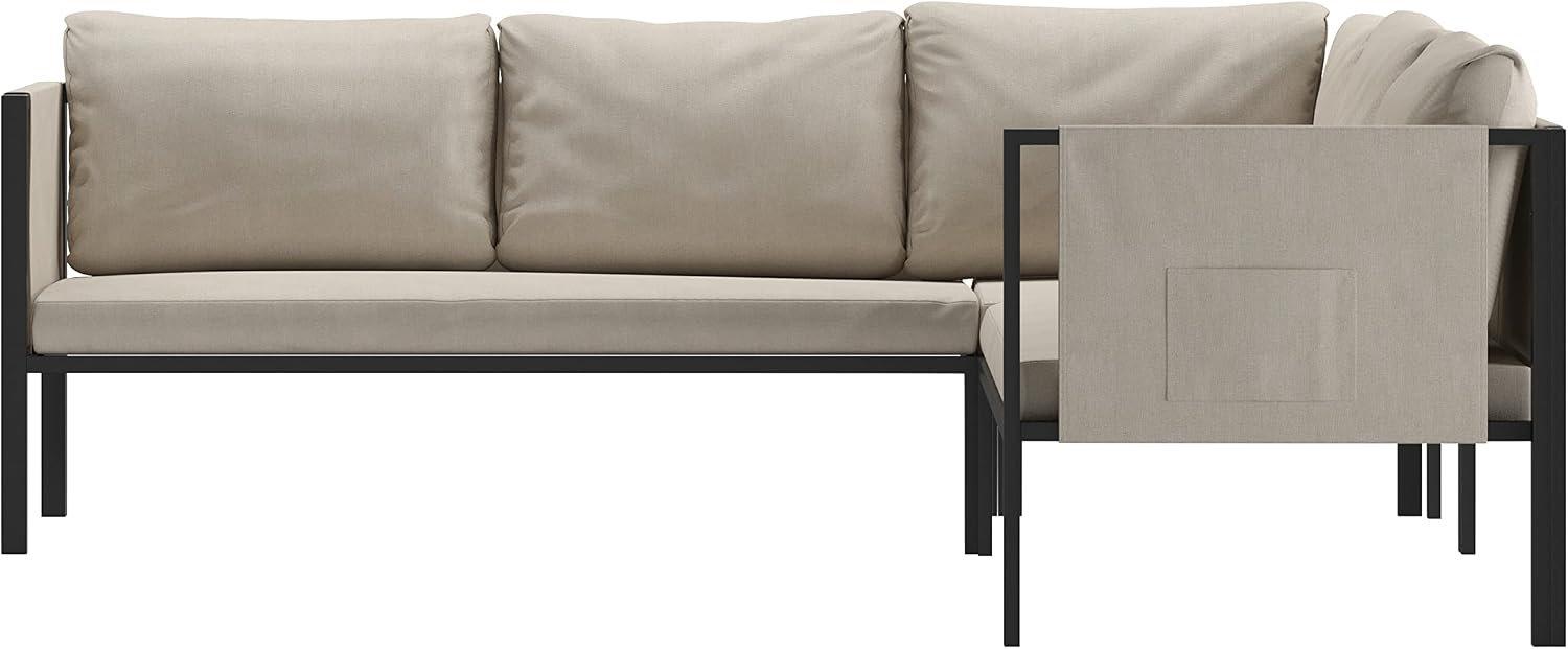 Flash Furniture Lea Indoor/Outdoor Sectional with Cushions - Modern Steel Framed Chair with Dual Storage Pockets, Black with Beige Cushions