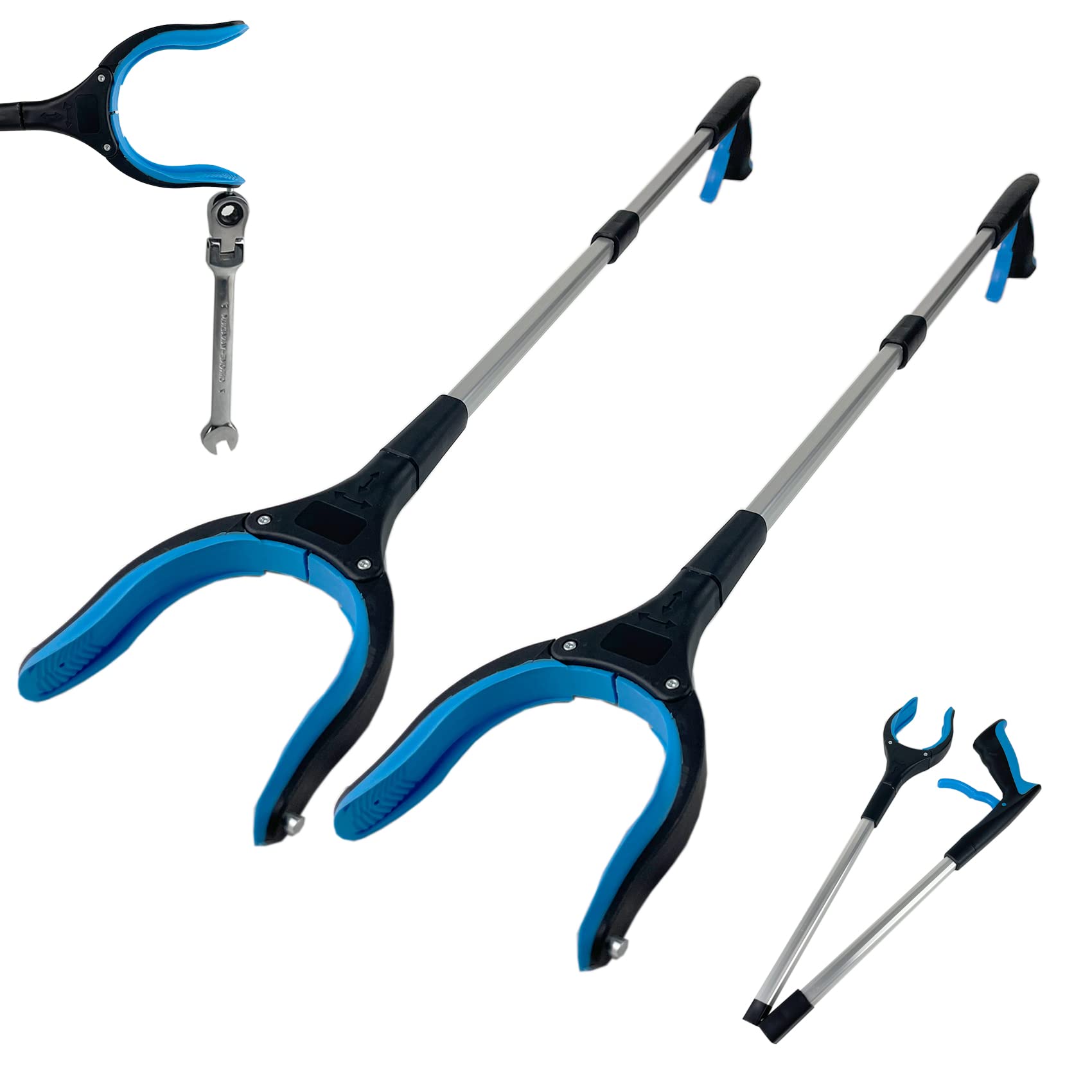 2-Pack Grabber Reacher Tool, 32 Inch Extra Long Steel Foldable Pick Up Stick with Strong Grip Magnetic, 360°Rotating Anti-Slip Jaw, Reacher Grabber Pickup Tool, Trash Claw Grabber Tool, Arm Extension