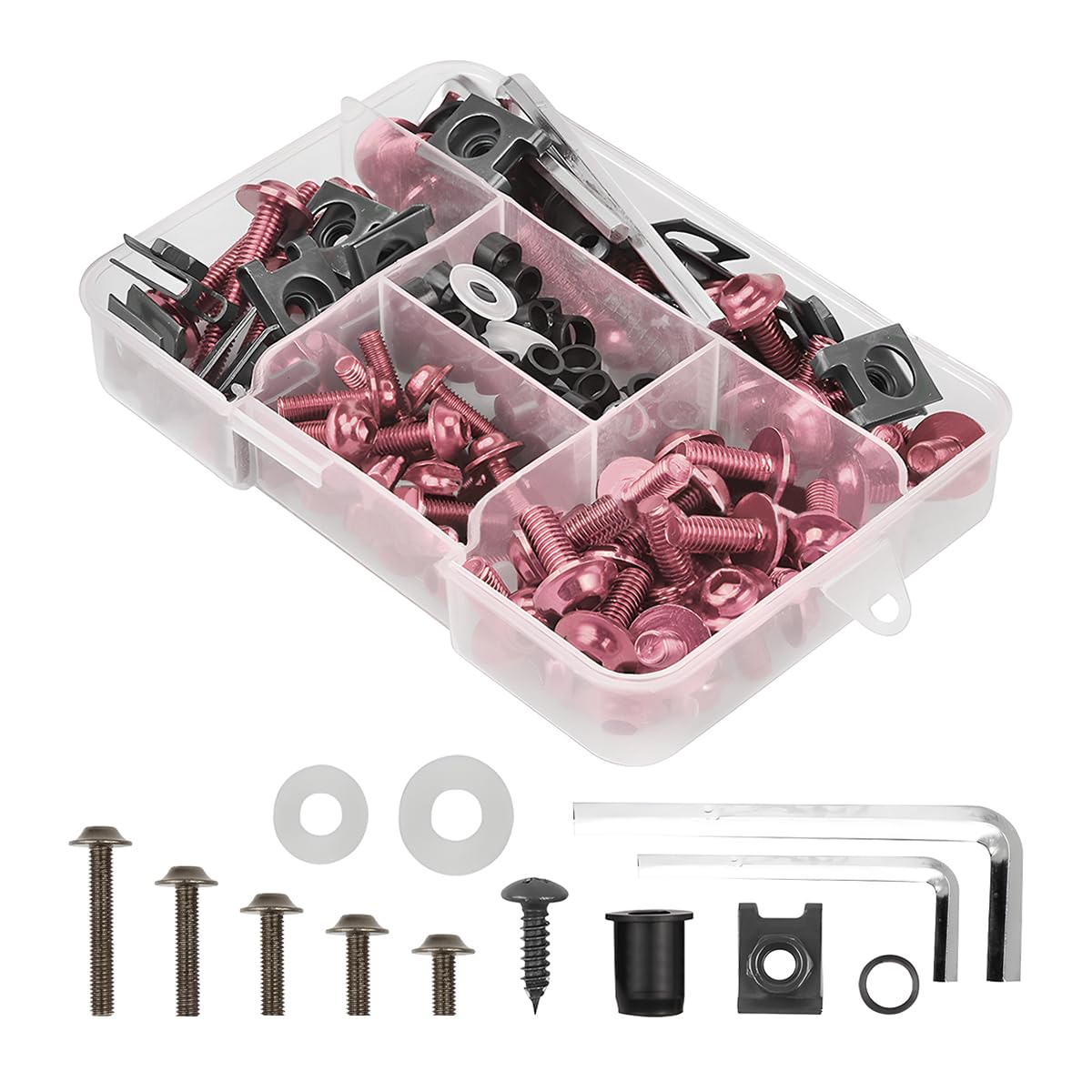 BELOMI Motorcycle Fairing Bolt Kit, 177pcs M5 M6 Motorcycle Windscreen Screws, Aluminum Fasteners Fairing Bolts Nut Clips Kit, Mounting Kits Washers Nuts Screws Assortment for Sport Bikes (Pink)